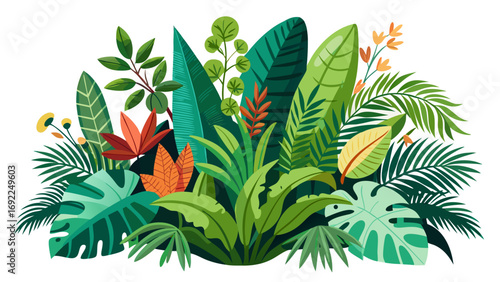 Vibrant tropical jungle foliage with diverse green leaves and colorful accents on white background