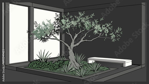 Indoor garden design modern minimalist potted plants tranquil room decor small tree in planter zen garden illustration contemporary interior design greenery in a room minimalist home decor.