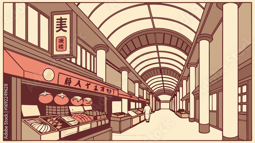 Indoor Market Illustration Asian Style Arcade Food Stalls Person Walking Vintage Design Architectural Details.