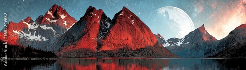 A stunning panoramic view of majestic red-hued mountains reflected in a tranquil lake under a starry sky, with a large celestial body looming in the background.