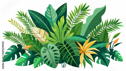 Vibrant tropical jungle foliage with lush green leaves and exotic yellow flowers isolated on white background