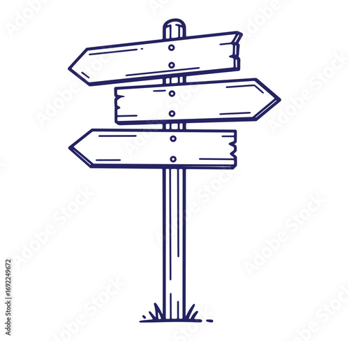 Hand drawn illustration of a wooden signpost with direction arrows for navigation