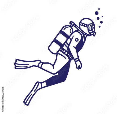 Illustrated scuba diver with equipment swimming underwater in a clean minimalist blue line style