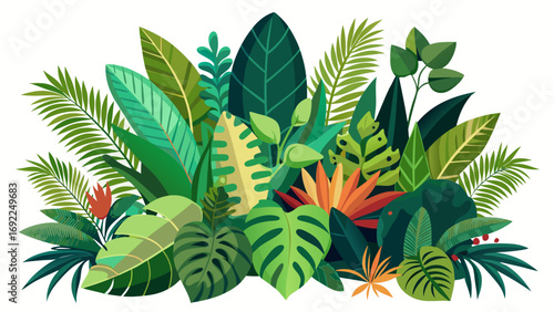 Vibrant illustration of lush tropical jungle foliage and exotic flowers in various shades of green and orange