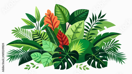 Vibrant illustration of lush tropical jungle foliage with diverse green leaves and hints of red and orange