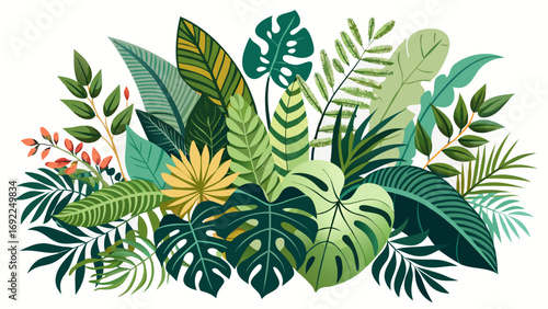Vibrant tropical jungle foliage arrangement with monstera leaves and exotic flowers
