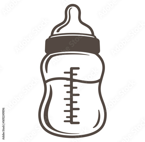 Minimalist vector illustration of a baby bottle filled with milk for baby care and feeding