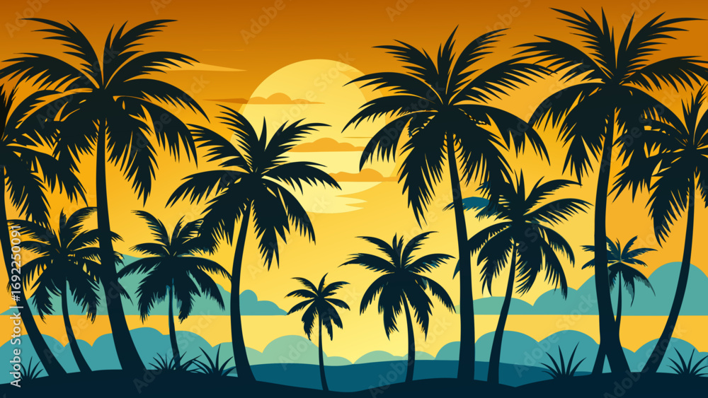 Fototapeta premium Silhouette of lush palm trees against a vibrant orange sunset sky with a glowing sun