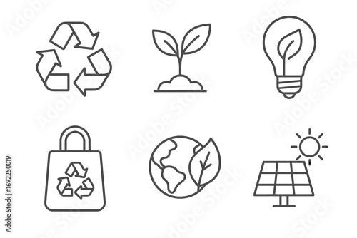 Eco-friendly icons set: recycling, plant, lightbulb, bag, earth, solar panel