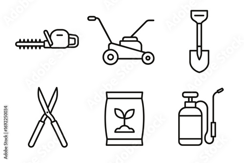 Garden tools icons: chainsaw, lawnmower, shovel, pruners, fertilizer, sprayer