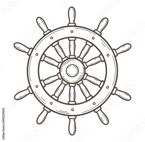 Nautical illustration of a classic ship steering wheel isolated on white background