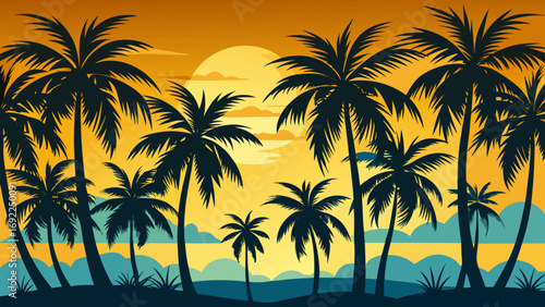 Silhouette of lush palm trees against a vibrant orange sunset sky with a glowing sun