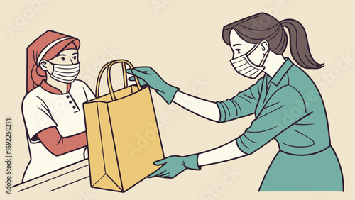 Safe contactless transaction people wearing face masks and gloves exchanging a paper bag.