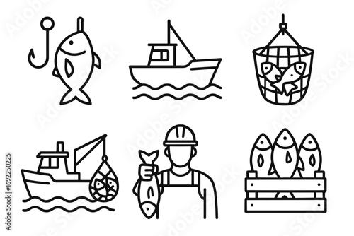 Fishing icons: boat, catch, fisherman, hook, basket, cartoon style