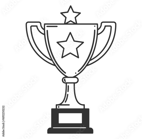 Outline illustration of a trophy cup with star embellishments representing achievement