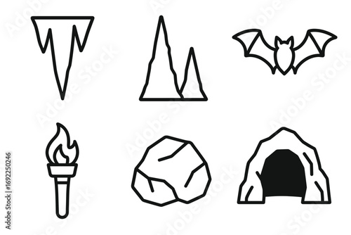 Cave icon set: stalactite, stalagmite, bat, torch, rock, cave entrance in black and white