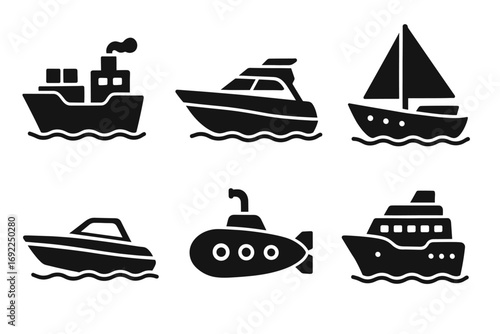 Collection of nautical vessel icons: ship, yacht, sailboat, submarine
