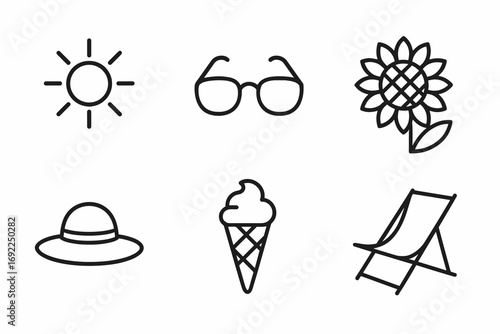 Minimalistic summer icon set featuring sun, glasses, sunflower, hat, ice cream, deck chair