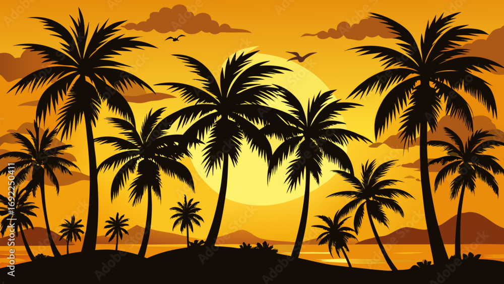 Fototapeta premium Vibrant tropical sunset with silhouetted palm trees and distant mountains over calm ocean waters