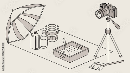 Isometric illustration of a photography setup with camera on tripod umbrella containers and cleaning supplies.