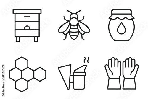 Beehive icons: hive, bee, honey jar, honeycomb, smoker, gloves