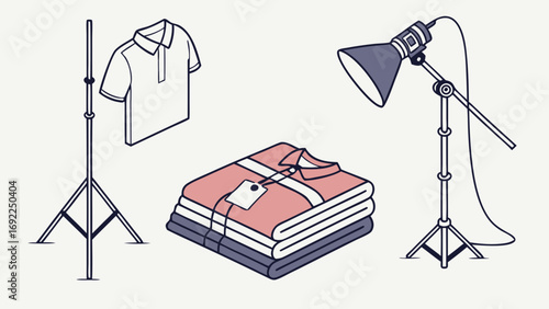 Isometric Illustration of Clothing Photography Studio Setup with Lights Shirt and Folded Clothes.
