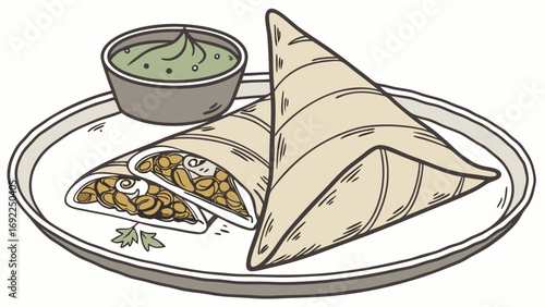 Savory pastries with dipping sauce hand-drawn illustration food menu design recipe art culinary graphic.