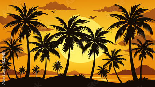 Vibrant tropical sunset with silhouetted palm trees and distant mountains over calm ocean waters