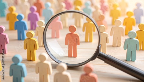 Human resources and recruitment concept, focusing on a single candidate with a magnifying glass for job hiring and talent acquisition