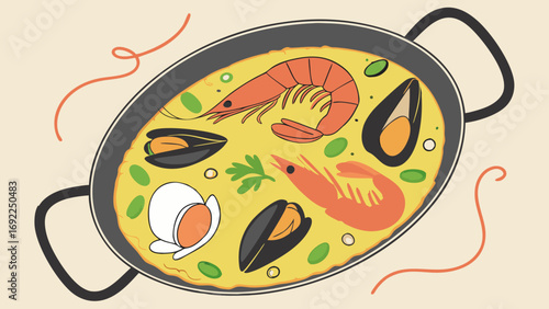 Seafood Paella Dish in Pan Top View Flat Lay Illustration Food Design Menu Recipe Restaurant Cooking Cuisine Dinner Lunch Graphic Vector Illustration Art Design Delicious Appetiz.