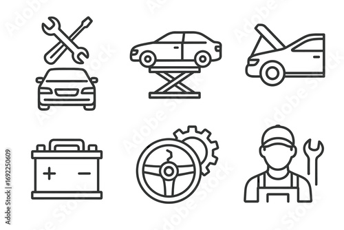 Car maintenance icons: repair, vehicle inspection, battery, steering, mechanic