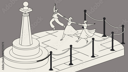 Isometric Illustration of Dancers near a Monument and Stanchions.