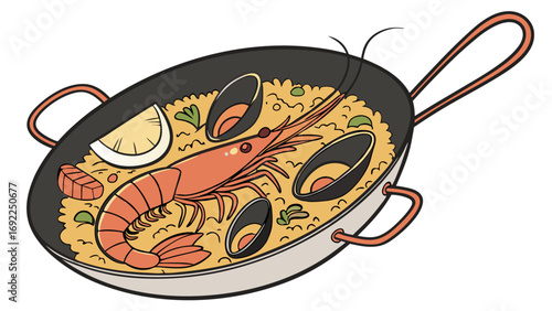 Seafood Paella in Pan Delicious Mediterranean Cuisine Restaurant Menu Illustration Shrimp and Mussels Dish Food Design Cooked Meal Culinary Art Recipe Graphic Appetizing Seafood Food Ill.