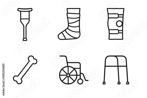 Black and white icons of mobility aids and orthopedic equipment
