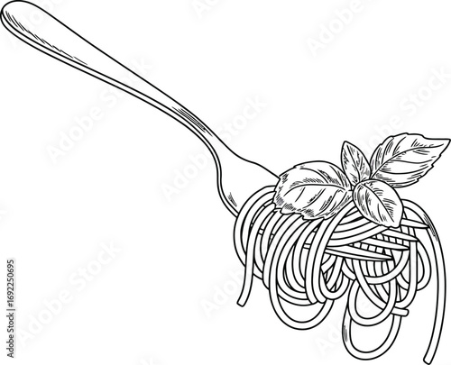 Fork with spaghetti and basil leaves in black and white line