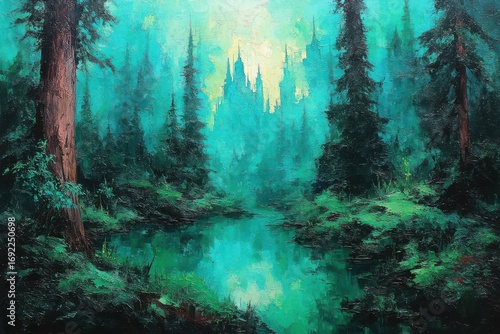 A serene, vibrant forest landscape with tall trees and a tranquil, reflective water body, enveloped in shades of green and blue.