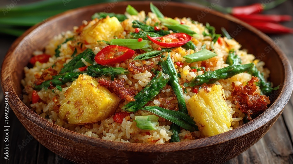 Fototapeta premium Pineapple Fried Rice with Asparagus and Chili Peppers in Wooden Bowl