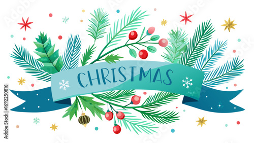 Festive christmas banner with pine branches red berries snowflakes and stars on a white background