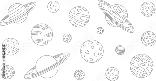 Outline drawing of planets and moons in space illustration
