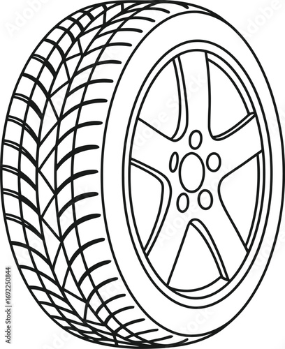 Outline drawing of a car tire with a five spoke rim design
