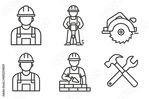 Outline illustrations of construction workers and tools