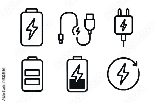 Icons of batteries and chargers: energy storage and power connection symbols