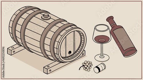 Isometric Illustration of Wine Barrel Bottle Glass Grapes and Cork.