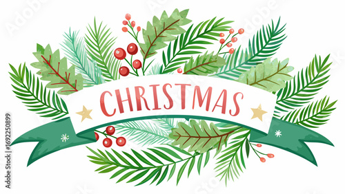Festive christmas banner with watercolor holly leaves pine branches and red berries on white background