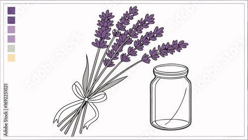 Lavender bouquet with a glass jar botanical illustration coloring page floral design purple flowers herbal art nature drawing aromatherapy illustration.