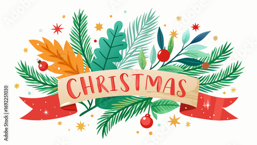 Festive christmas banner with pine branches holly berries and stars on white background