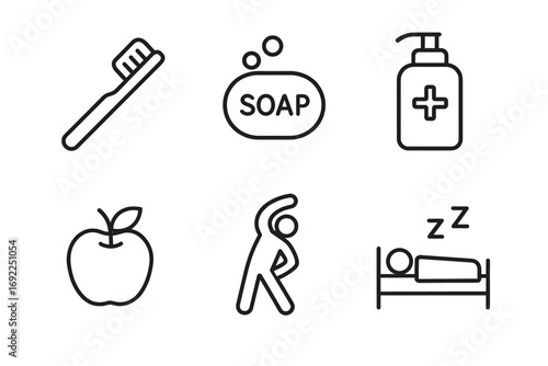 Healthy lifestyle essentials: hygiene, exercise, nutrition, and rest icons