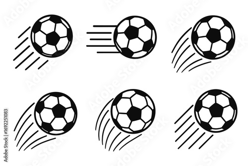 Set of dynamic soccer ball icons with motion trails on white background