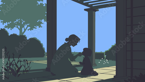 Silhouette of an adult and child interacting outdoors in a garden setting.