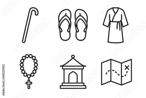 Set of simple icons: cane, flip-flops, bathrobe, rosary, temple, map